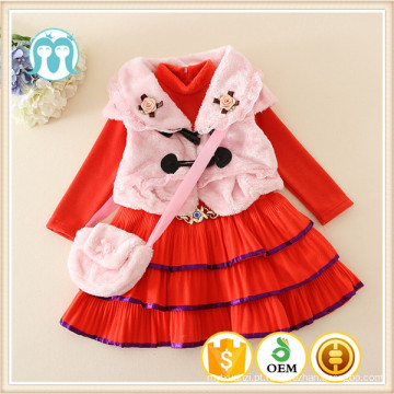 2015 Estilo Bonito Meninas Vestem Roupas Conjuntos Outono Baby Girl Dress Vestido de Princesa Três Peças conjunto Com Bolsas